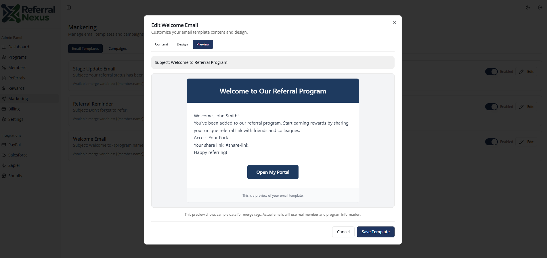 Email template editor for member communications