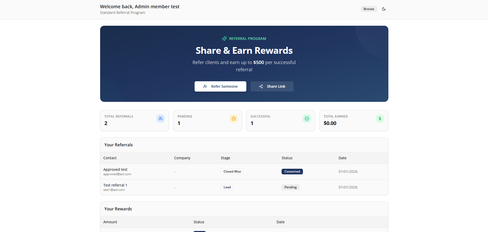 Member portal showing referral submission and tracking