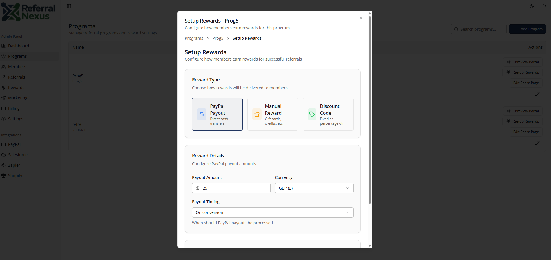 Configure reward types and payout settings